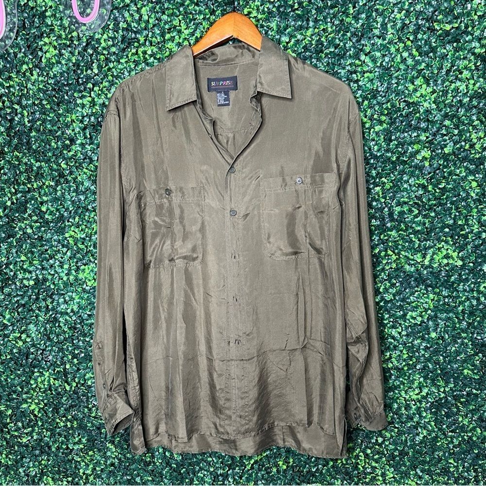 Vintage Olive Green 100% Silk Soft Button Down Top Sz Medium